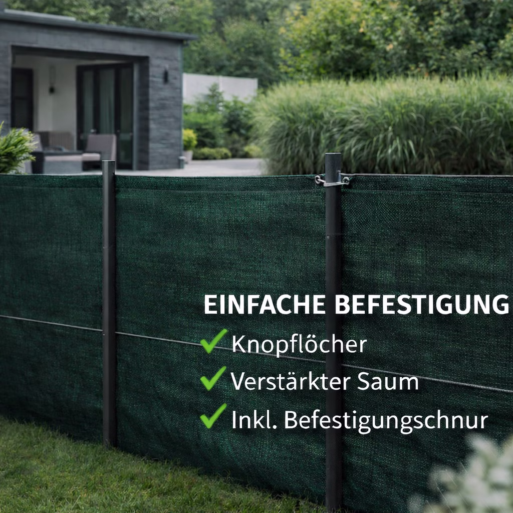 zaunblende-id1606-2.jpg Bild einer montierten Zaunblende in Dunkelgrün mit Infotext