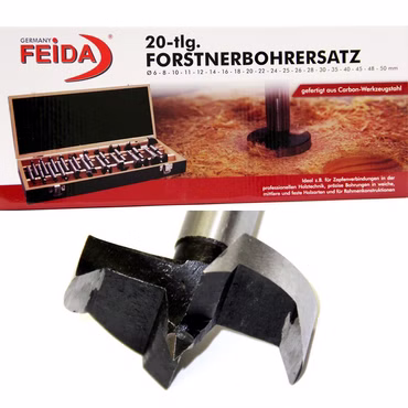 Bild der Verpackung des Forstnerbohrersatzes und 1 Forstnerbohrer