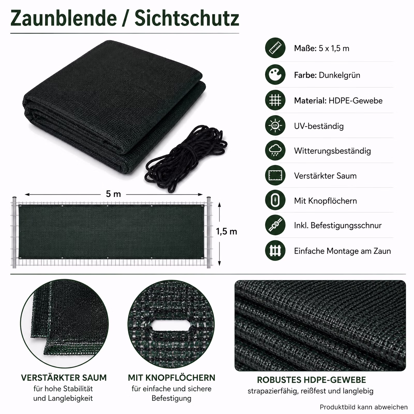 Bild der Windhager Zaunblende 1,5m x 5m in Dunkelgrün Bild der Windhager Zaunblende 1,5m x 5m in Dunkelgrün