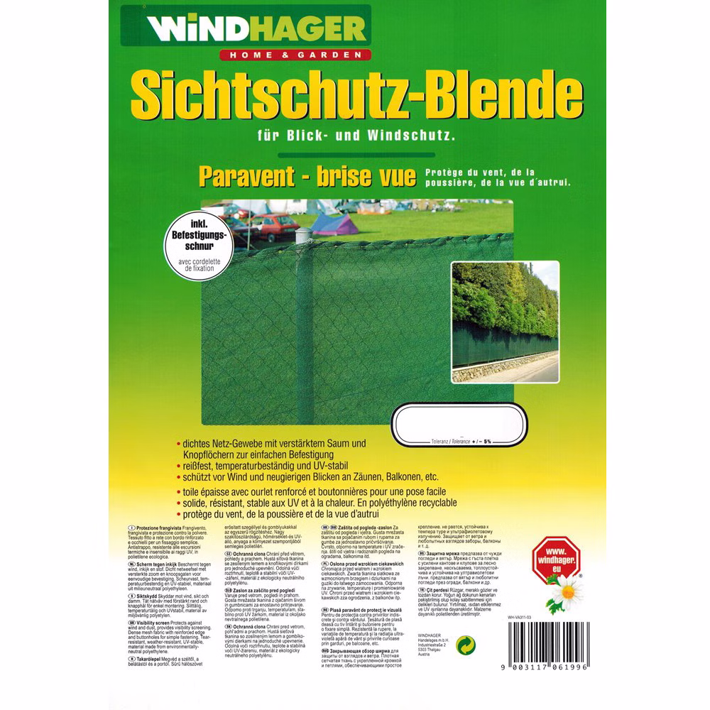 Bild der Windhager Zaunblende 1,5m x 5m in Dunkelgrün Bild des Beipackzettels der Zaunblende