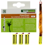 Bild der Fliegenfallenverpackung sowie 3 geschlossenen und 1 abgerollten Fliegenfalle