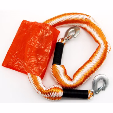 Bild des ausgepackten Petex Abschleppseils in Orange-Weiß