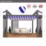Bild einer Pergola mit blau-weißem Seilspannsegel