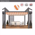 Bild einer Pergola mit orangen-weißem Seilspannsegel