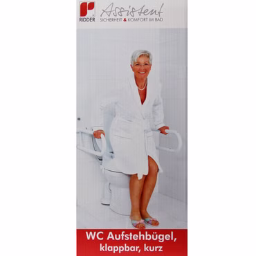 Bild einer Person auf Toilette sich auf WC-Aufstehhilfe abstützend