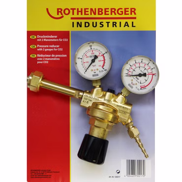 Bild des Rothenberger Druckminderers mit 2 Manometern Bild des Druckminderers in Verpackung