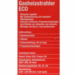 Rückseite mit Technischen Daten des Gasheizstrahlers