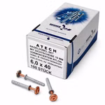 Bild der Nageldübelverpackung und 3 Nageldübel in der Größe 6x40mm verkupfert