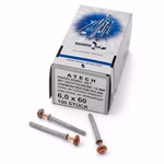 Bild der Nageldübelverpackung und 3 Nageldübel in der Größe 6x60mm verkupfert