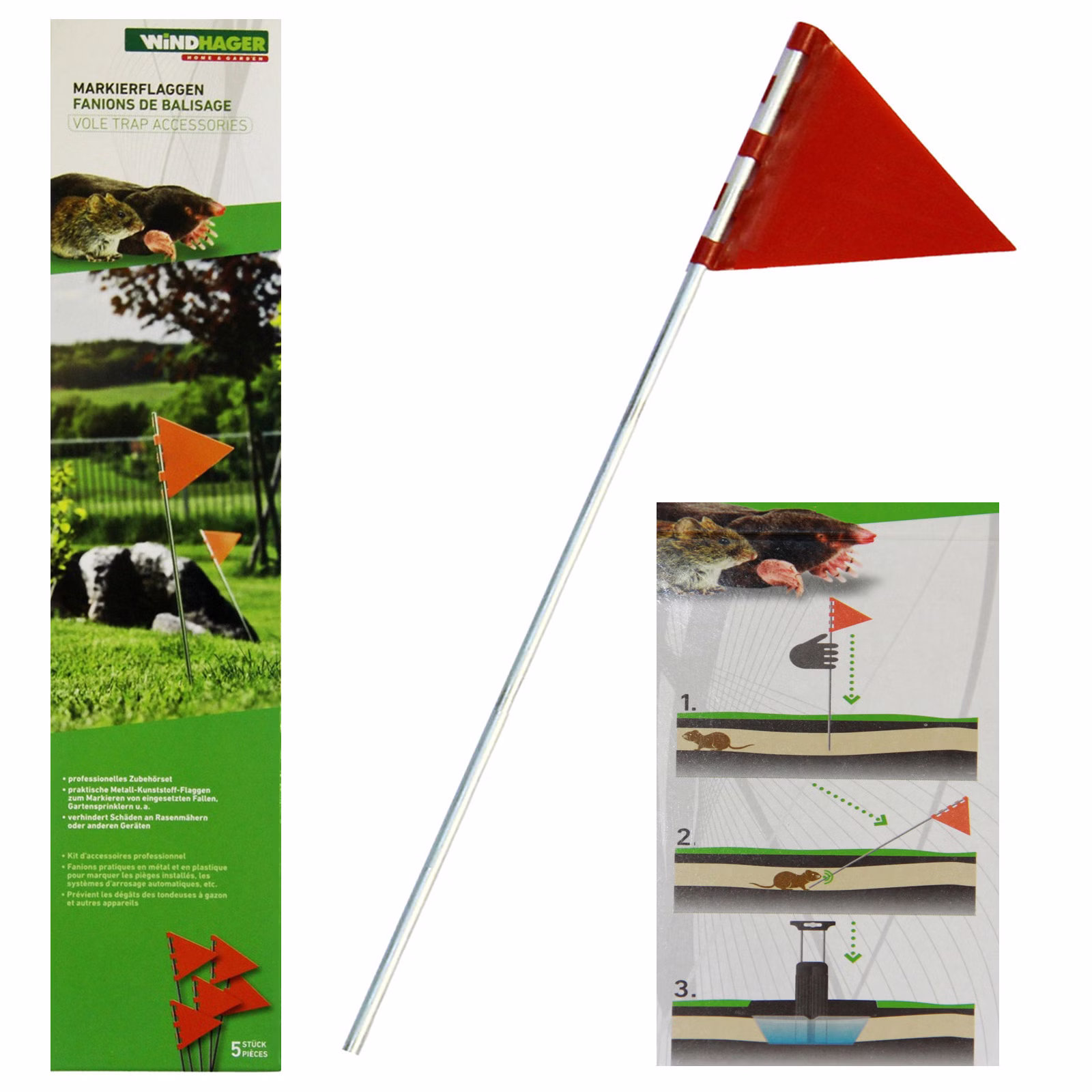 Bild der Windhager Wühlmausvertreib-Artikel Bild der Markierflaggen und Verpackung