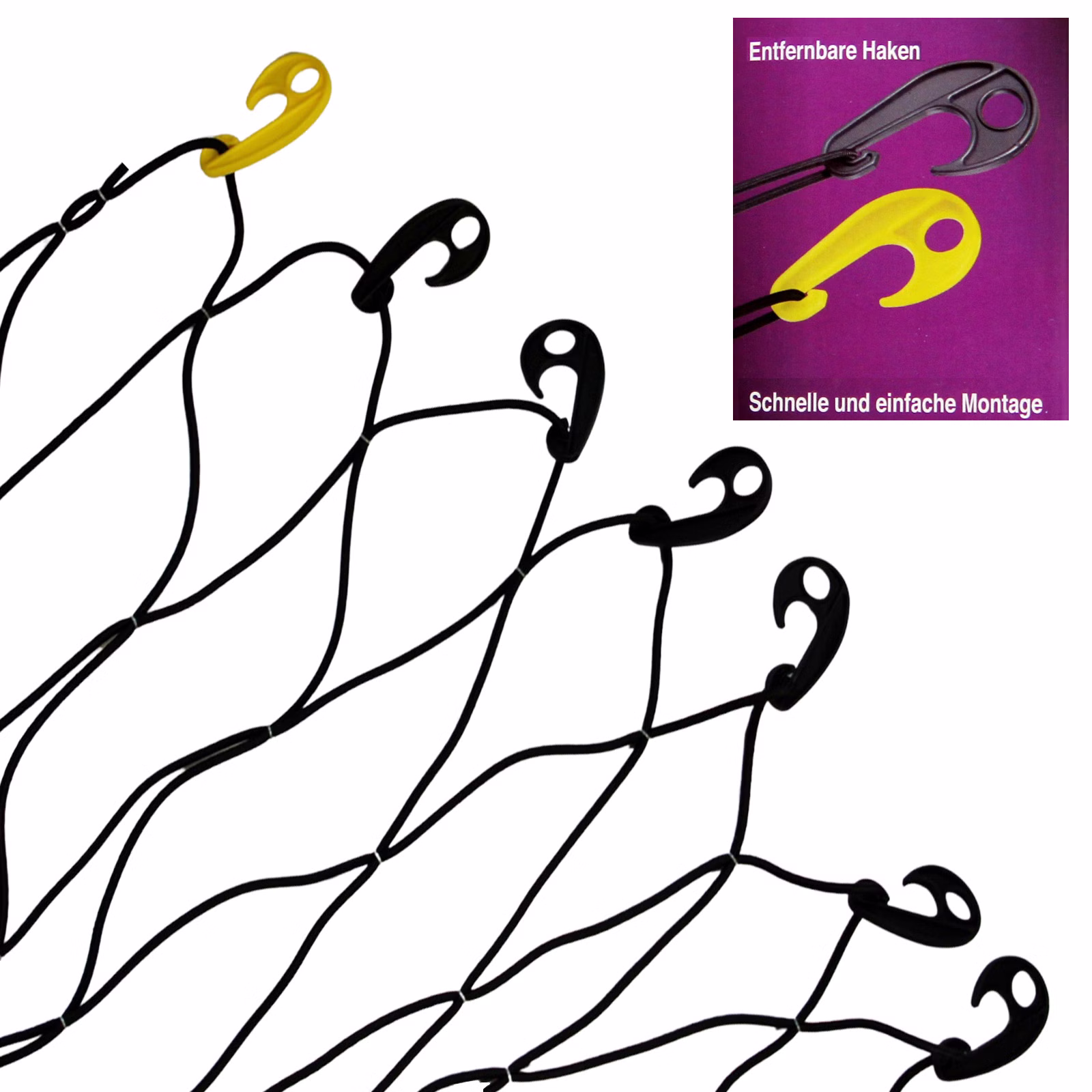 Bild des Master Anhängernetzes Bild der Maschen und Haken des Masterlock Gepäcknetzes