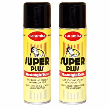 Frontalaufnahme zweier Super Plus Caramba Nostalgie-Dosen mit Deckel