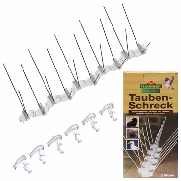 Bild der Verpackung und der verschiedenen Einzelteile der Taubenabwehr