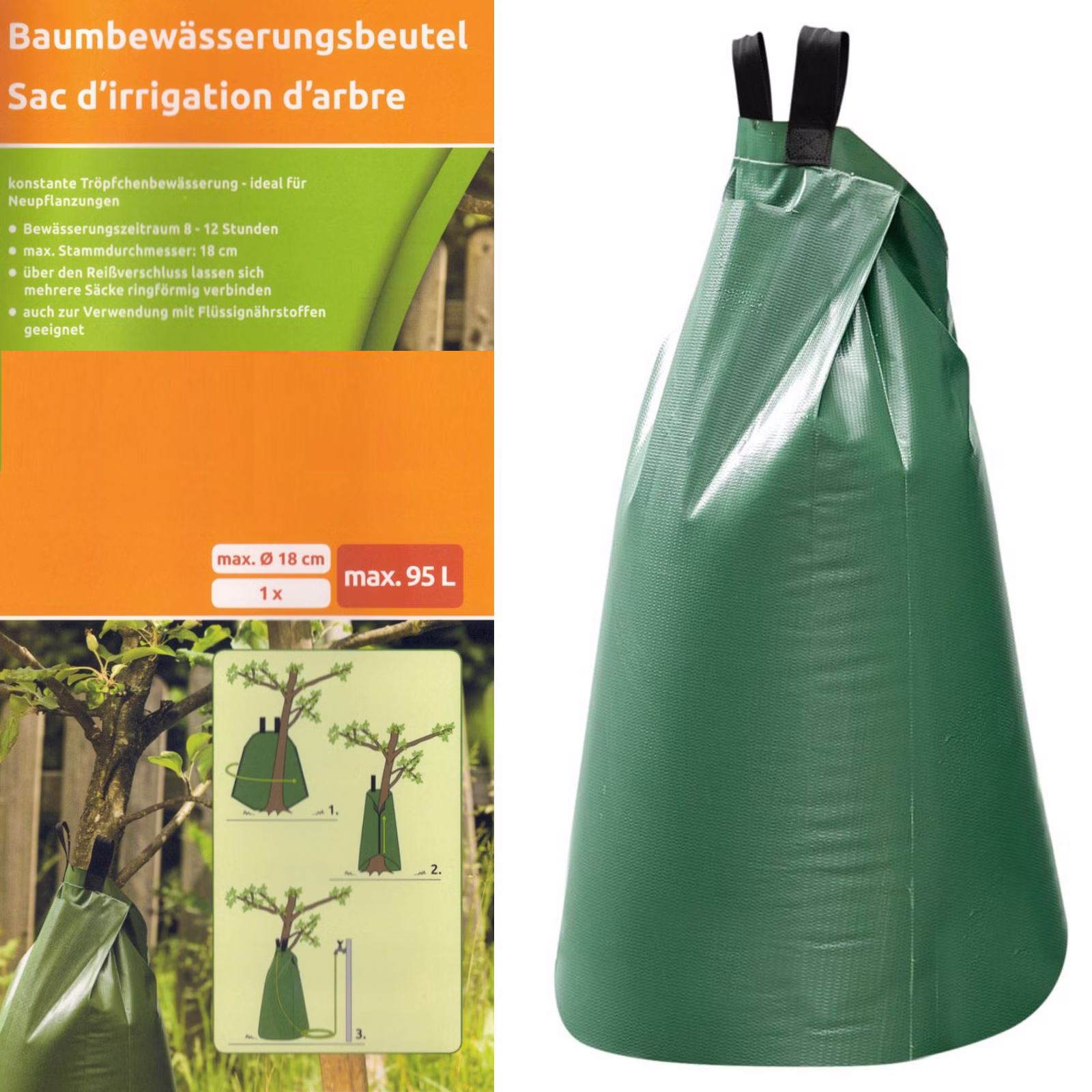 Bild des Windhager Baumbewässerungsbeutels 95 Liter Bild der Verpackung und eines "gefüllten" Bewässerungsbeutels