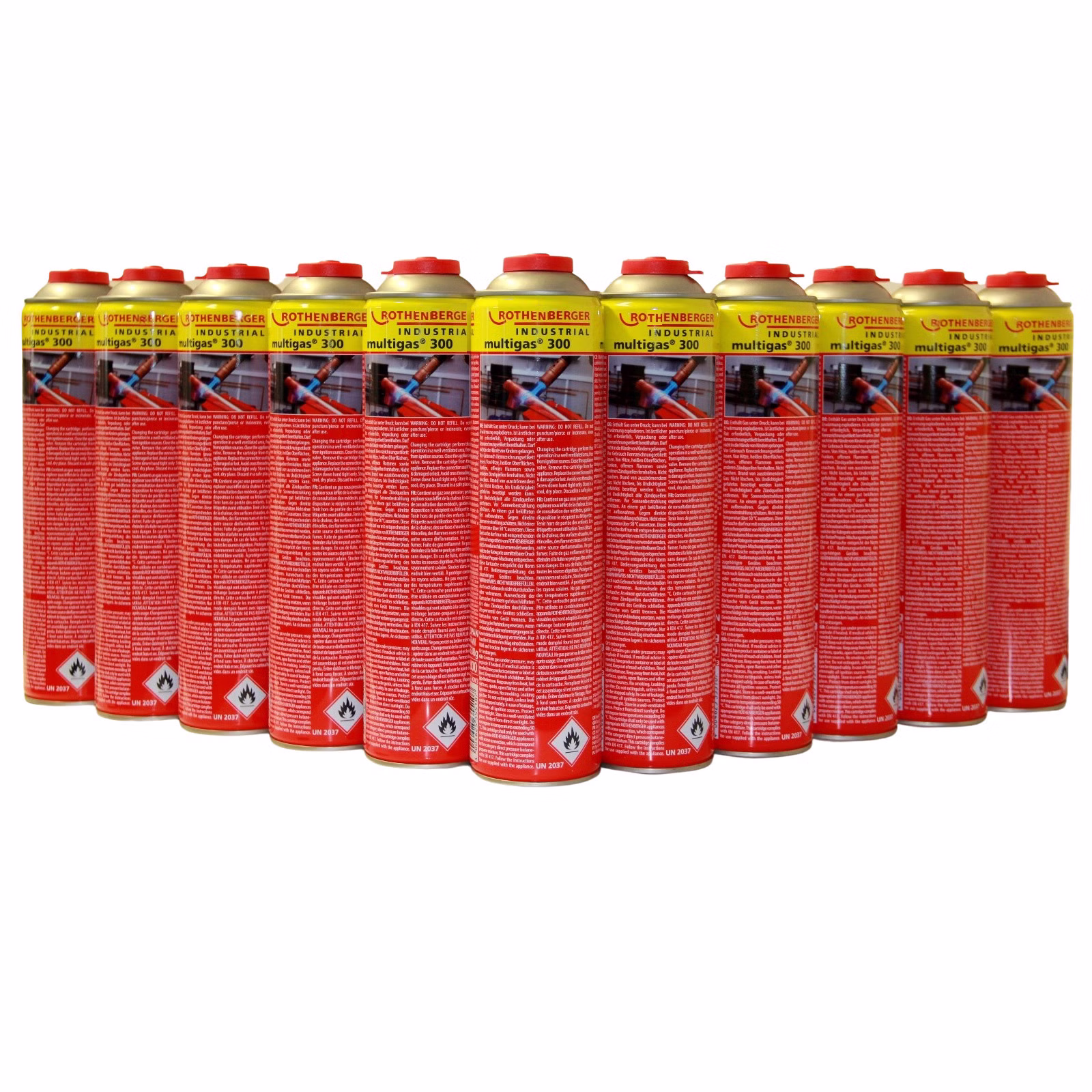 Bild des Rothenberger Multigas 300 Frontalansicht vieler multigas300-Gaskartuschen