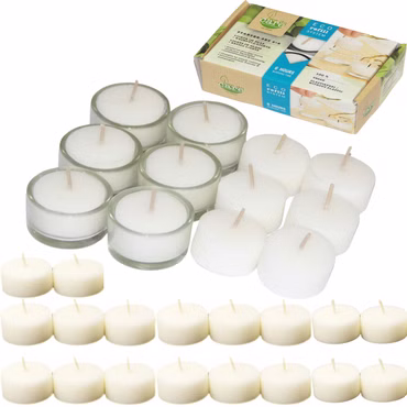 Bild der Verpackung des Starter-Sets sowie den einzelnen Teelichtern