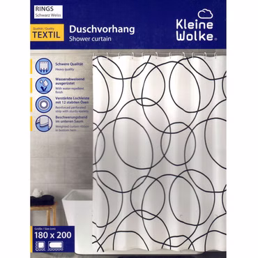 Bild der Verpackung des Duschvorhangs Rings schwarz weiß