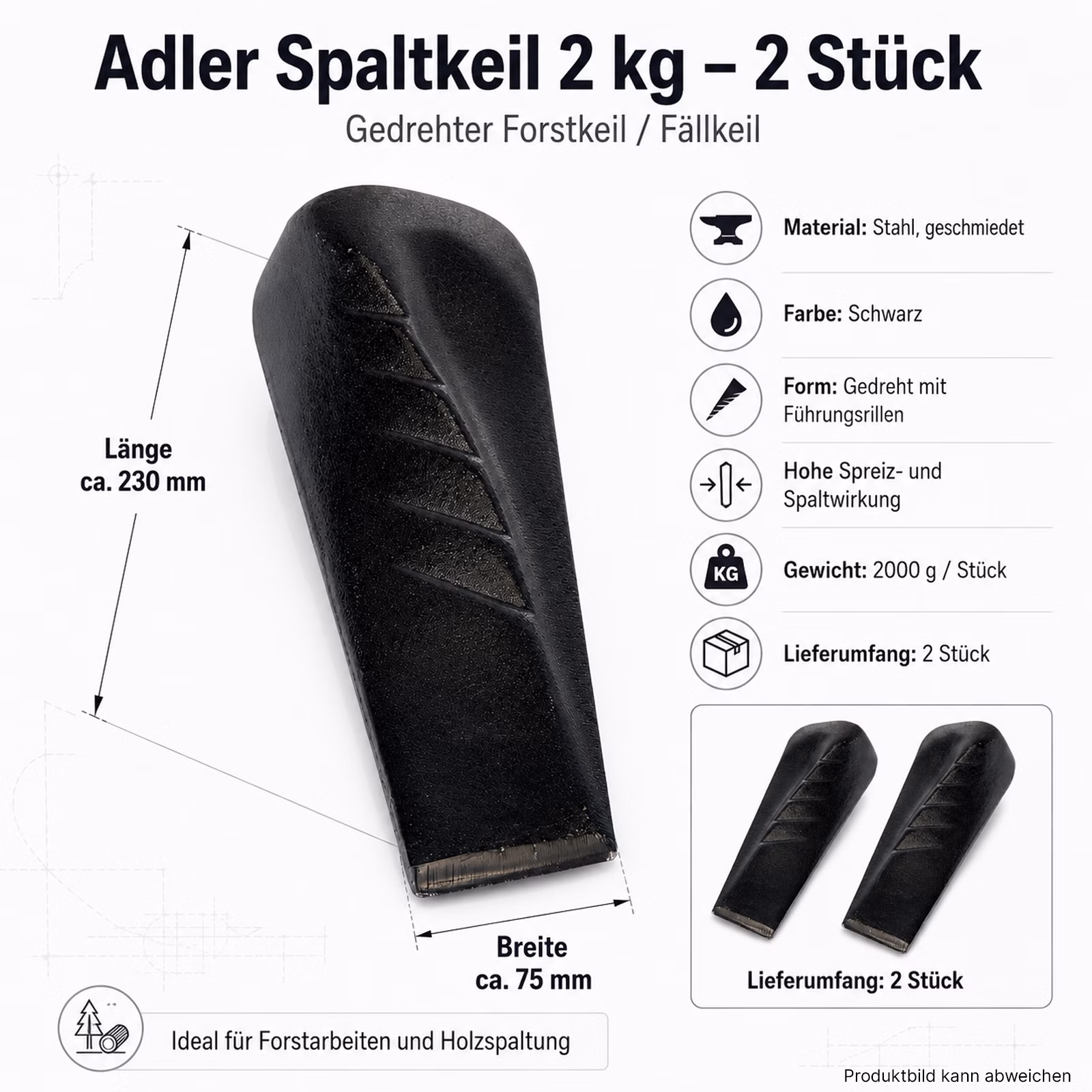 Bild mit 2 gedrehten 2000g Adler Spaltkeilen Bild mit 2 gedrehten 2000g Adler Spaltkeilen