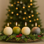 Lifestylebild im weihnachtlichem Raum mit Kugelkerzen in verschiedenen Farben weihnachtlich dekoriert