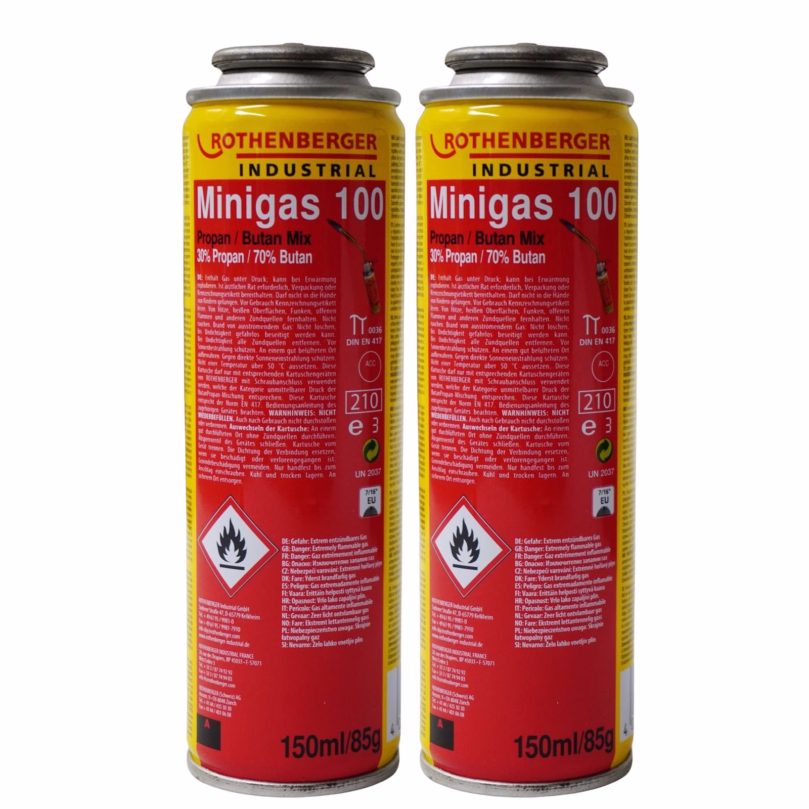 Bild des Rothenberger Minigas100 Bild zweier Minigas100 Nachfüllkartuschen Frontaufnahme