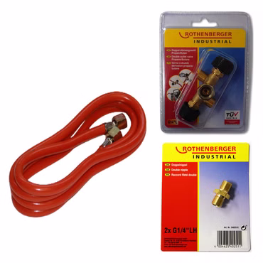 Rothenberger Set Doppel-Abzweig Ventil, 1,5 m Schlauchleitung, Doppelnippel G1/4