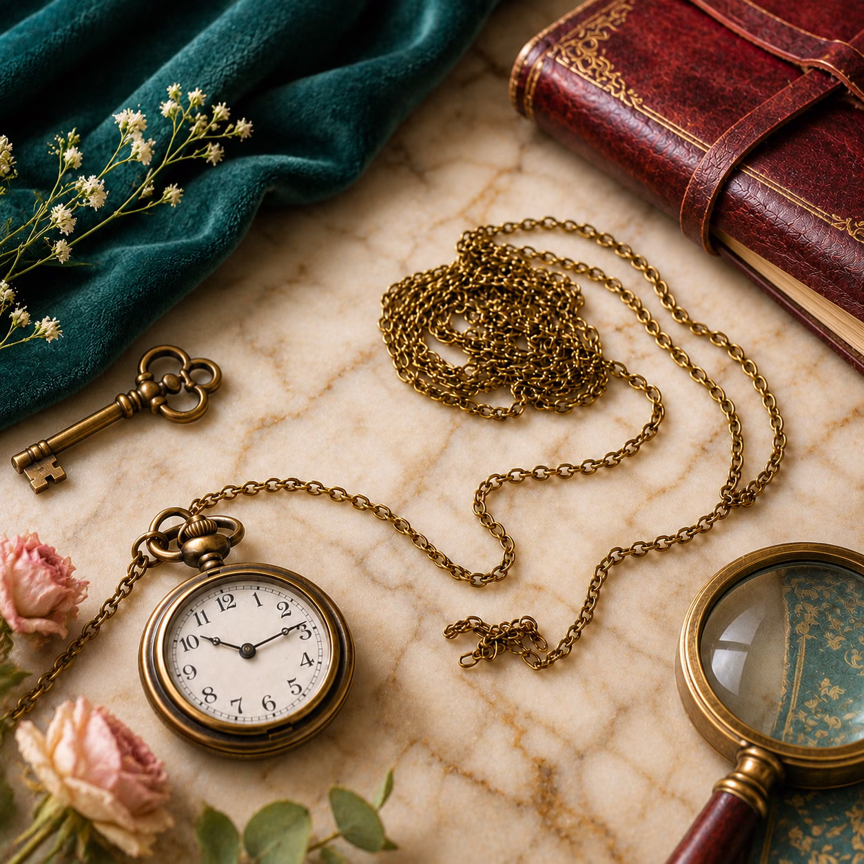 uhrkette-vermessingt-1-75m-Lifestyle-2.jpg Lifestylebild der Uhrkette mit einer Uhr und verschiedenen Accessoires