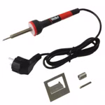 Bild des Lötkolbens mit dem Netzstecker, dem Ständer, dem Lötzinn und der Meißelspitze