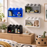 Bild der versch. Lego Brick Shelf 8 Wandregale in einem Kinderzimmer
